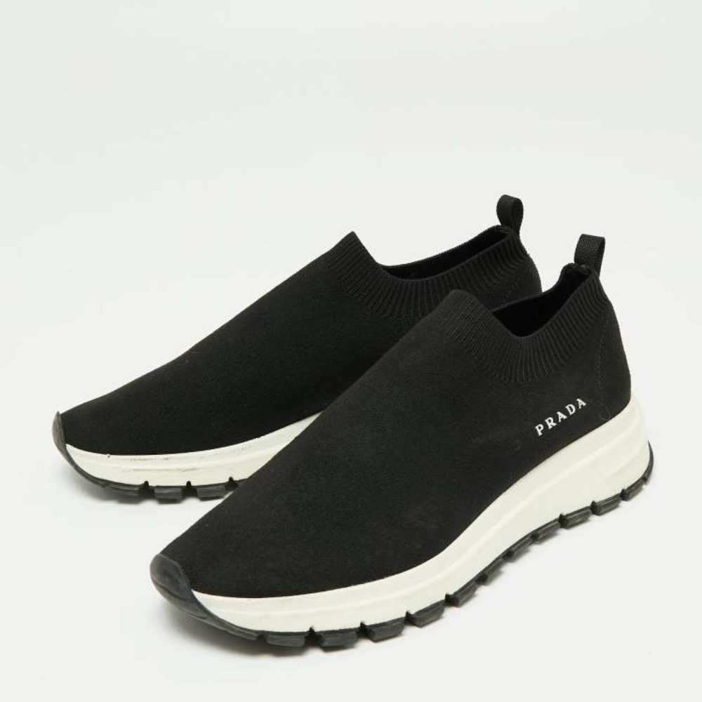 Prada Black Knit Fabric Low Top Sneakers—size 36